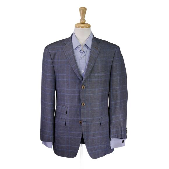 Hugo Boss Tailored Blue Plaid Linen Silk Sportcoat Blazer Current Piacenza 40R - Picture 1 of 11